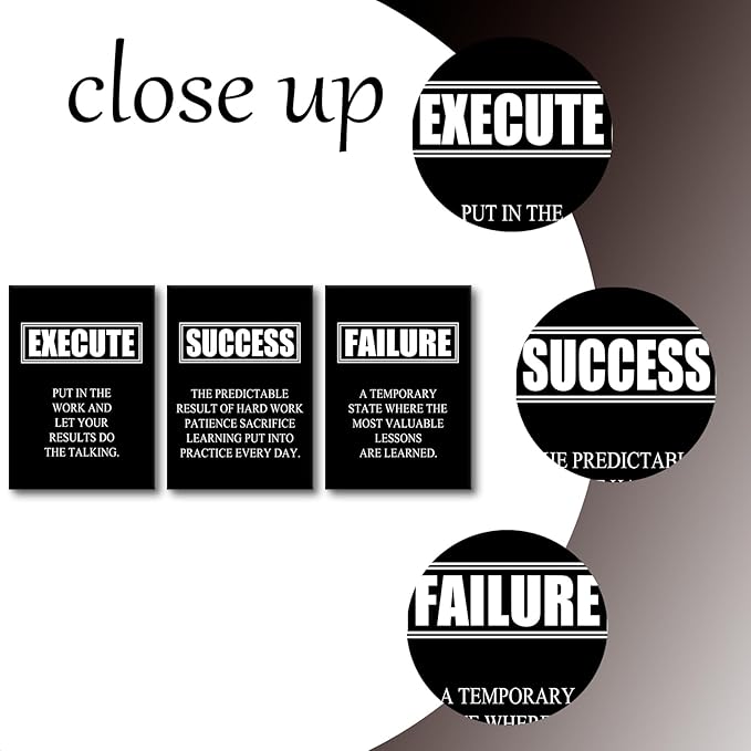 Motivational Wall Art Canvas Painting Decor Success Quote Execute Failure Definition 3 Pieces Black Inspirational Poster Positive Framed Artwork Prints Picture for Living Room Office [60''W x 28''H]