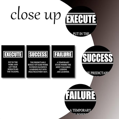 Motivational Wall Art Canvas Painting Decor Success Quote Execute Failure Definition 3 Pieces Black Inspirational Poster Positive Framed Artwork Prints Picture for Living Room Office [60''W x 28''H]