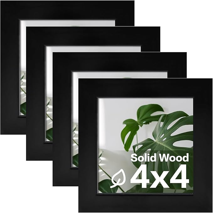 Egofine 4x4 Picture Frames Set of 4, Made of Solid Wood Covered by Plexiglass Display 4x4 for Table Top Display and Wall Mounting Photo Frame, Black