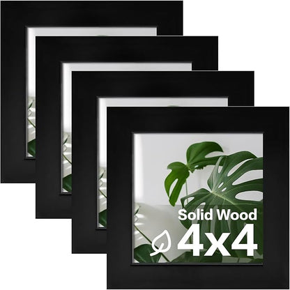Egofine 4x4 Picture Frames Set of 4, Made of Solid Wood Covered by Plexiglass Display 4x4 for Table Top Display and Wall Mounting Photo Frame, Black