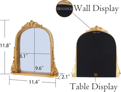 SIKOO 8x10 Inch Arched Vintage Mirror with Shelf, Decorative Wall Art for Home, Resin and Premium Glass, Bronze Gold