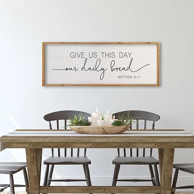 comurdyo Dining Room Wall Decor Give Us This Day Our Daily Bread Sign 32"x12" Religious Catholic Praye Matthew 6:11 Bible Verse Quotes Plaque Modern Simple Kitchen Dining Room Wall Hanging (Wood)