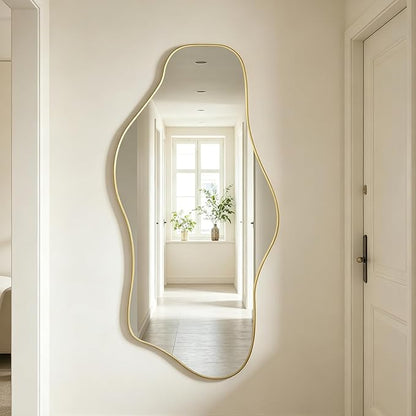Gold Irregular Mirror, 47.2"x24" Asymmetrical Tempered Glass Mirror, Modern Abstract Frameless Wall Mirrors for Living Room Bedroom Hallway Entryway, Hangs Vertically or Horizontally