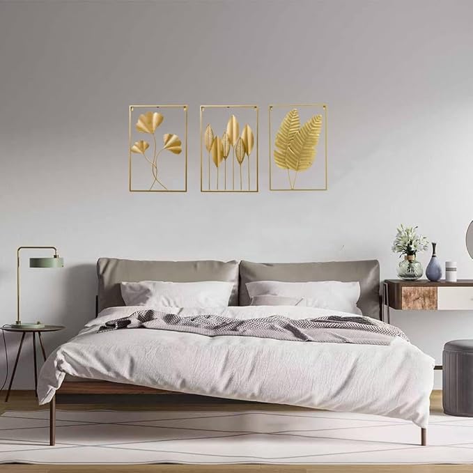 GSANMU Modern Metal leaf Wall Decor - 3 Pcs Yellow Large Hanging Wall Art Home Nature Decor for Indoor,Living Room, Office and Hotel 23.6×15.7 inch