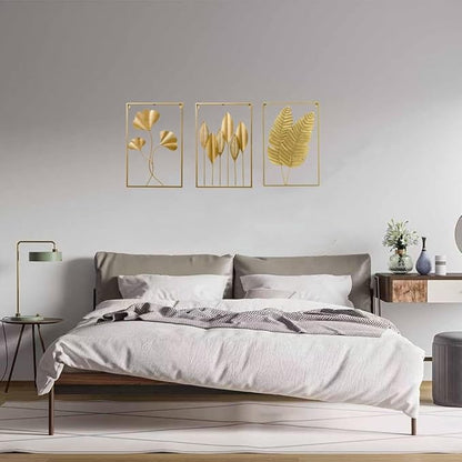 GSANMU Modern Metal leaf Wall Decor - 3 Pcs Yellow Large Hanging Wall Art Home Nature Decor for Indoor,Living Room, Office and Hotel 23.6×15.7 inch