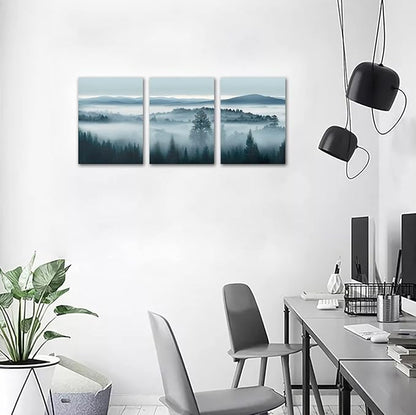 Foggy Forest Canvas Wall Art Indigo Misty Forest Pictures Blue Grey Abstract Mountain Trees Painting Artwork Nature Scene Canvas Art for Living Room Bedroom Home Office Wall Decor 12" x 16" x 3Piece