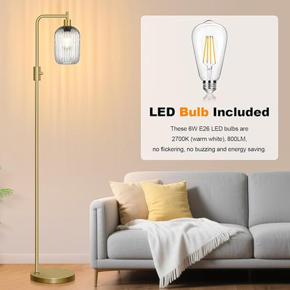 【Upgraded】 Dimmable Glass Floor Lamp for Living Room, Modern Gold Standing Lamp with Gray Ribbed Glass Lampshade & Knob Dimmer, Arc Tall Lamp for Bedroom Office Reading Room, 2700K Led Bulb Included