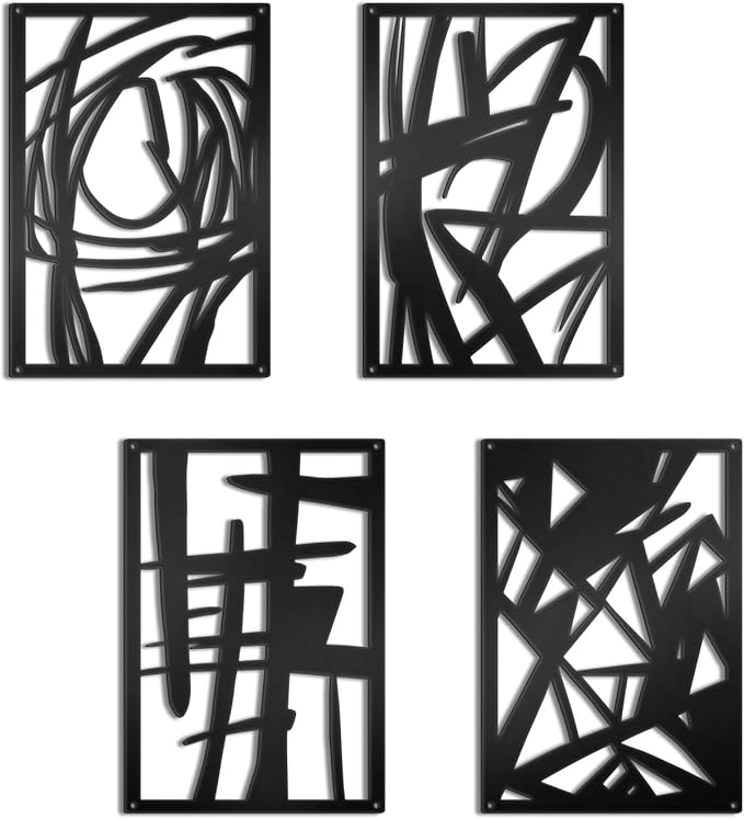 OYEFLY 4 Pack Abstract Metal Wall Art,Minimalist Art Decoration for Living Room Bedroom Bathroom Study (Black, 9.4 x 6.5inch)