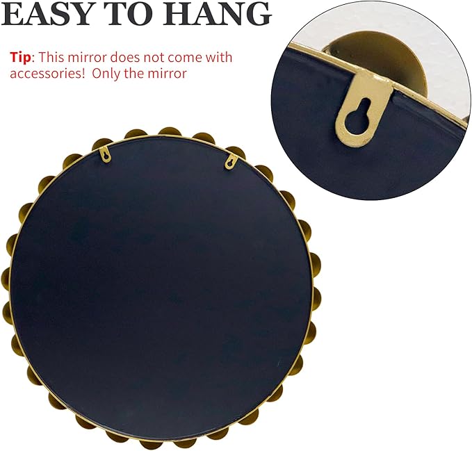 Round Gold Mirror 24'', Spherical Frame Vintage Beaded Mirror for Wall Decor Large Circle Mirror for Bathroom, Dining Roon, Bed Room, Entryway