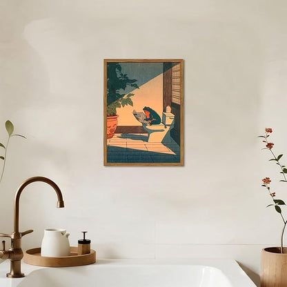 Funny Frog Bathroom Wall Art, Cute Japanese Frog in Toilet Wall Decor, Whimsical Green Animal Restroom Poster Canvas Painting Prints Artwork 12x16 inch Framed
