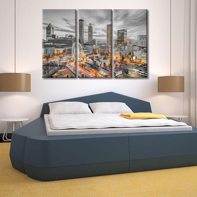 TUMOVO 3 Piece Wall Decor American Cityscape Canvas Paintings for Bedroom, Bathroom, Office. Atlanta Skyscrapers City Skyline Artwork Black and White Wall Art Framed Ready to Hang (42" Wx28 H)