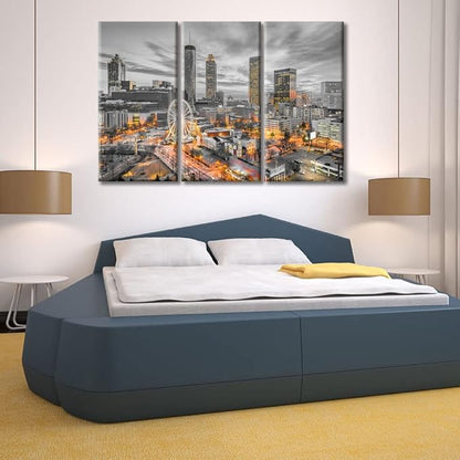 TUMOVO 3 Piece Wall Decor American Cityscape Canvas Paintings for Bedroom, Bathroom, Office. Atlanta Skyscrapers City Skyline Artwork Black and White Wall Art Framed Ready to Hang (42" Wx28 H)