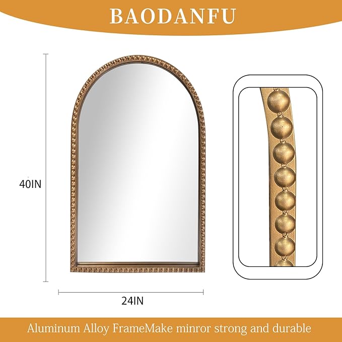 BAODANFU Traditional Wall Mirror Vintage Gold, 24" x 40" Tall Narrow Arch Antique Beaded Frame Decorative Accent Vanity Wall Decor, Arched Vertical Mirrors for Bathroom, Living Room, Entryway