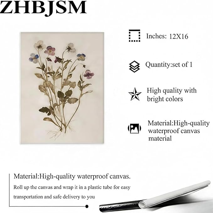 Flower Wall Art Set of 2 Boho Vintage Botanical Minimalist Delicate Floral Violet Bloom Pastel Tone Home Bedroom Living Room Elegant Nature-Themed Stylish Interior Decor Accent 12x16 Inch Unframed