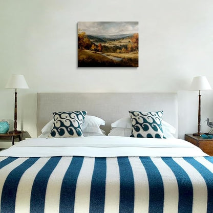 Calming Forest Mountain Landscape Canvas Wall Art Framed Oil Painting Autumn Stream Rolling Hills Moody Nature Wall Decor Artwork Print Poster Peaceful Scene for Living Room Bedroom 16x24 Inches
