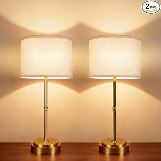 AWOKE 17.7" Large Cordless Table Lamps Set of 2,7500mAh Rechargeable Battery Operated Nightstand Light, Stepless Dimmable 3000K Fabric Shade Desk Lamp for Bedroom & Living Room (Brass)