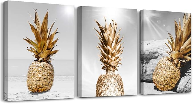 TTHYUEWS Canvas Wall Art for bar kitchen Living Room Office Bathroom home decoration Board Black and white Beach scenery golden Pineapple pictures Artwork restaurant Wall Decor Ready to Hang