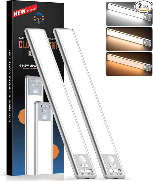 Reoshine Motion Sensor Light Indoor, 80 LED Under Cabinet Lighting Battery Operated with 3 Color Temps, 1800mAh Rechargeable Closet Lights Wireless for Kitchen, Pantry, Stair (2 Pack)