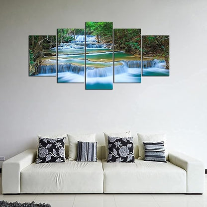 Wieco Art 5 Panels Peaceful Waterfall Giclee Canvas Prints Wall Art Paintings for Wall Decor Dining Room Kitchen Extra Large Modern Gallery Wrapped Artwork Green Landscape Pictures on Canvas XL
