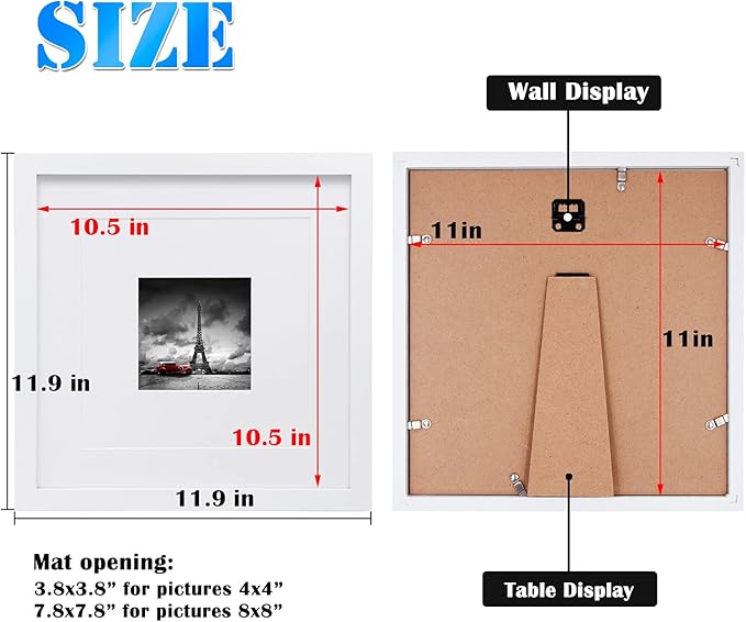 Egofine 11x11 Picture Frames 4 PCS, Made of Solid Wood Covered by Plexiglass for Pictures 4x4/8x8 with Mat for Table Top Display and Wall Mounting Square Photo Frame White