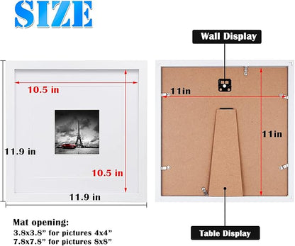 Egofine 11x11 Picture Frames 4 PCS, Made of Solid Wood Covered by Plexiglass for Pictures 4x4/8x8 with Mat for Table Top Display and Wall Mounting Square Photo Frame White