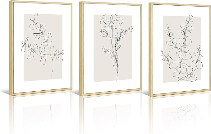 Neutral Botanical Prints Wall Art Flower Minimalist Canvas Wall Decor Vintage Line Wall Art Floral Plant Painting Pictures Beige Boho Artwork Farmhouse Poster for Bedroom 12x16 Inch Framed Set of 3