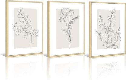 Neutral Botanical Prints Wall Art Flower Minimalist Canvas Wall Decor Vintage Line Wall Art Floral Plant Painting Pictures Beige Boho Artwork Farmhouse Poster for Bedroom 12x16 Inch Framed Set of 3