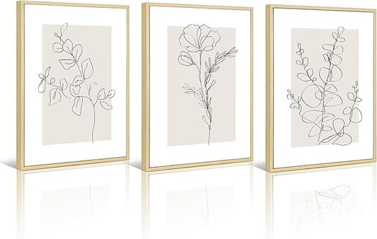 Neutral Botanical Prints Wall Art Flower Minimalist Canvas Wall Decor Vintage Line Wall Art Floral Plant Painting Pictures Beige Boho Artwork Farmhouse Poster for Bedroom 12x16 Inch Framed Set of 3