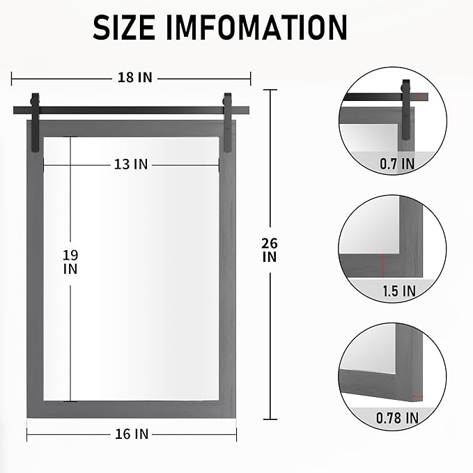 Farmhouse Wall Mirror, Rustic Wood Frame Bathroom Mirror Barn Door Inspired Decorative Vanity Dress Mirrors for Living Room Entryway, 18x26 INCH Gray Vertical