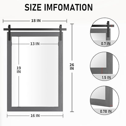 Farmhouse Wall Mirror, Rustic Wood Frame Bathroom Mirror Barn Door Inspired Decorative Vanity Dress Mirrors for Living Room Entryway, 18x26 INCH Gray Vertical
