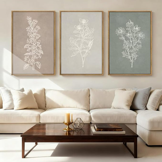 ANHUIB Neutral Botanical Wall Art, Rustic Farmhouse Floral Paintings,Vintage Minimalist Boho Flower Wall Decor 16x24 Inch Plants Set of 3 for Living Room Bedroom
