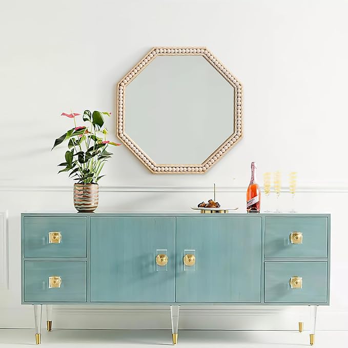 Octagon Bathroom Mirror 24x24 Inch, Gold Accent Mirror, Antique Beaded Mirror Metal Framed, Rustic Square Vanity Mirror for Bedroom Living Room Washing Room Entryway