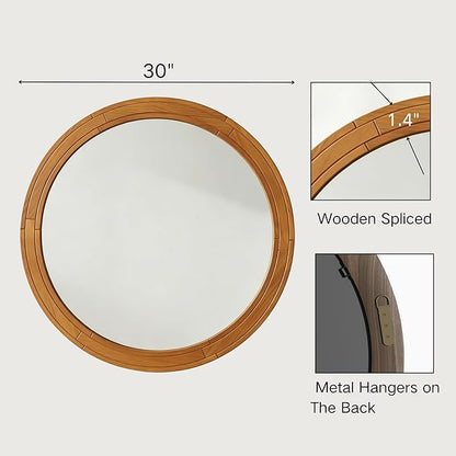 ZIYOO 30 Inch Round Wood Wall Mirror, Farmhouse Rustic Circle Mirror, Wall Mounted Decorative Mirror for Bathroom Vanity, Living Room, Entryway, Bedroom, Vanity, Hallway