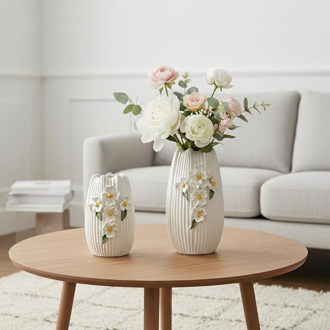 White Vase - Modern Boho Vases for Centerpieces, Minimalist Decorative Flower Vase for Pampas Grass, Dining Room Table, Shelf, Bathroom Decor, 9 Inch