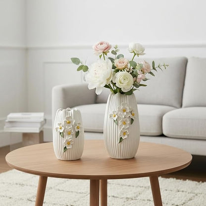 White Vase - Modern Boho Vases for Centerpieces, Minimalist Decorative Flower Vase for Pampas Grass, Dining Room Table, Shelf, Bathroom Decor, 9 Inch