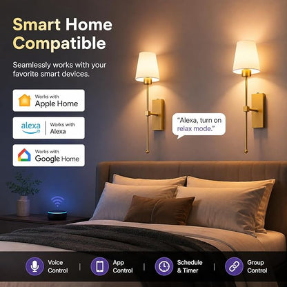 Battery Operated Wall Sconces Set of 2, Smart Rechargeable Wireless Wall Lights with Alexa, Apple Home & Google, RGB Dimmable LED Wall Sconce, 66H Battery Life
