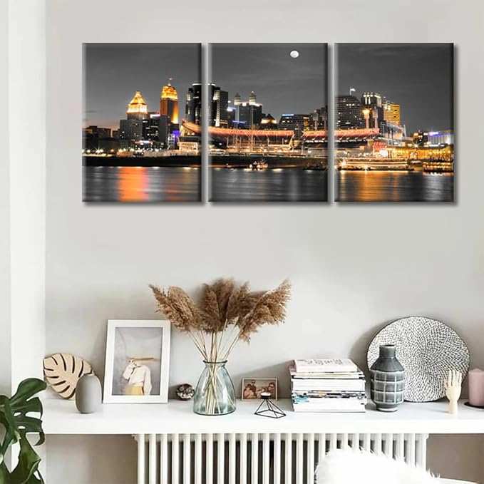 Cincinnati Ohio City Skyline Modern Home Decor American Cityscape Pictures Wall Art for Bedroom, Living Room, Office. 3 Panels Skyscrapers House Decor Ready to Hang (36" Wx16 H)