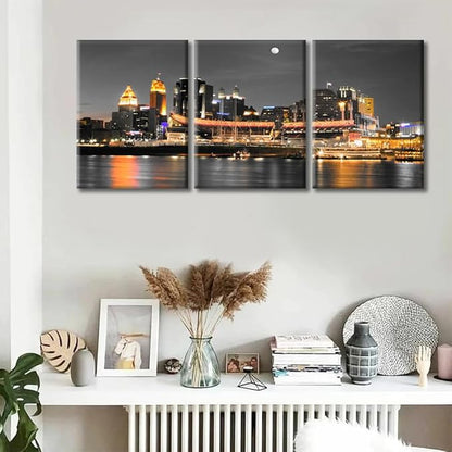 Cincinnati Ohio City Skyline Modern Home Decor American Cityscape Pictures Wall Art for Bedroom, Living Room, Office. 3 Panels Skyscrapers House Decor Ready to Hang (36" Wx16 H)