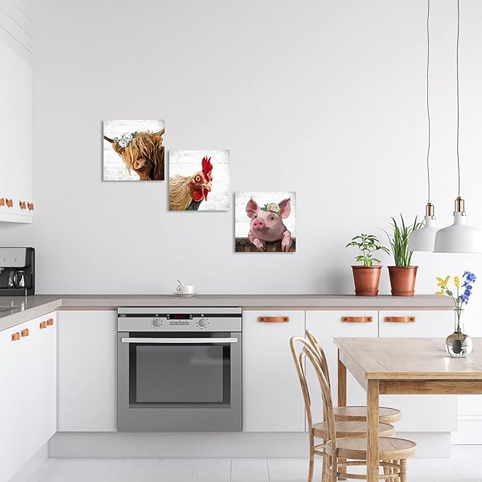 Farm Animal Farmhouse Wall Art: Highland Cow Rooster Pig Head Picture for Kitchen, 3 Piece Rustic Farmhouse Decor Vintage Canvas Print Living Room Home Decoration