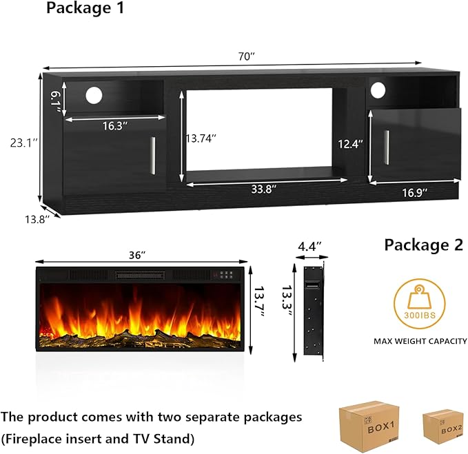 Tavata Fireplace TV Stand Entertainment Center with 36" Fireplace, 70" Wooden TV Stand for TVs Up to 80", Media TV Console with High Gloss Storage Cabinet and 16 Colors LED Lights (Black)