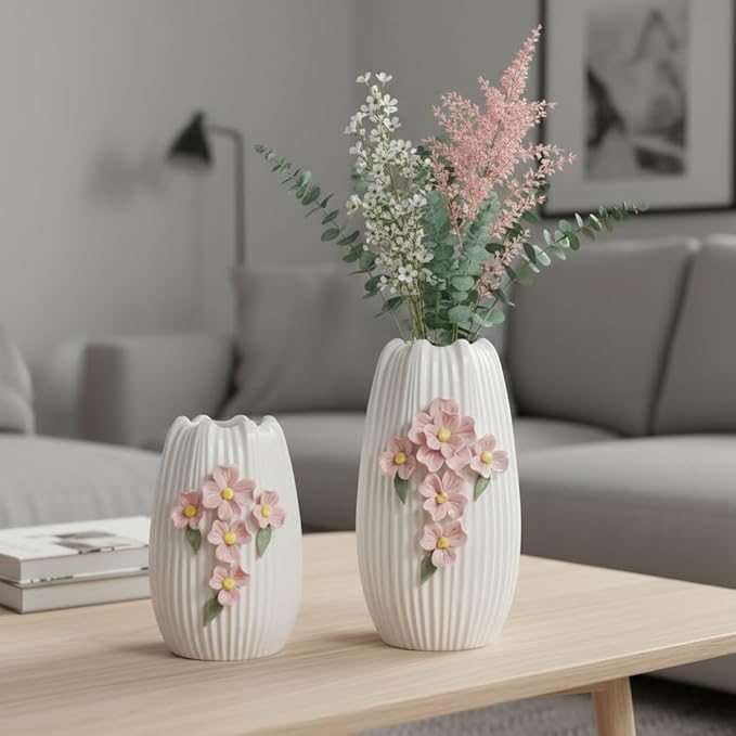 White Ceramic Flower Vase, 7 Inch Small Boho Vase for Pampas Grass, 3D Floral Modern Vases Home Decor, Wedding, Valentine, Dining Table Decoration, Bedroom Decor