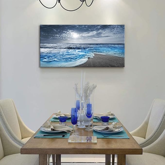 Bamdeya Large Canvas Wall Art for Living Room Beach Poster Wall Pictures for Bedroom Wall Décor Ocean Room Decor Blue Photo Prints Sea Artwork Paintings Framed Office Kitchen Decorations 30x60