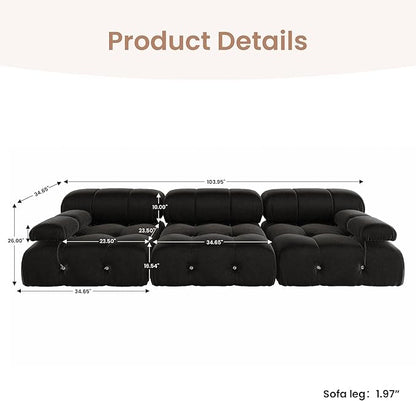 104'' Modular Sectional Sofa, Modern Luxury Velvet Bubble Couch, Deep Seat Cloud Sectional Black Couches for Living Room, Apartment (3 Seats, Black)