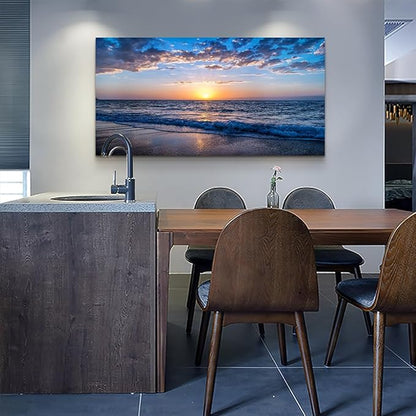 Wapluam Beach Wall Art Blue Sea Coastal Sunset Natural Scenery Picture Print On Canvas Ocean Seascape Canvas Print Artwork for Living Room Bedroom Kitchen Bathroom Home and Office Wall Decor 20" x 40"