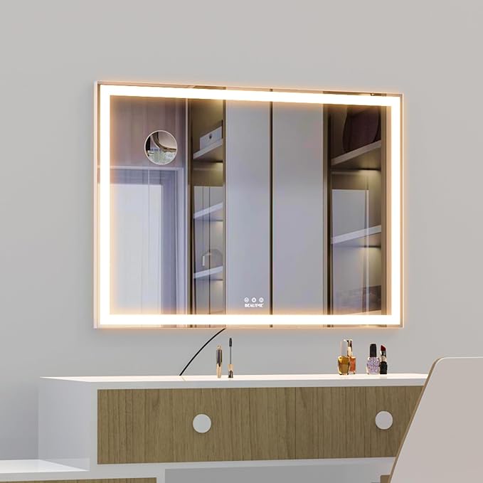 ANYHI Large Vanity Mirror with Lights, 36.2" x 26.8" Hollywood Lighted Vanity Mirror, 10X Magnification, Smart Touch Control, 3 Color Modes, Memory Function,USB Charging, Tabletop or Wall Mount, White