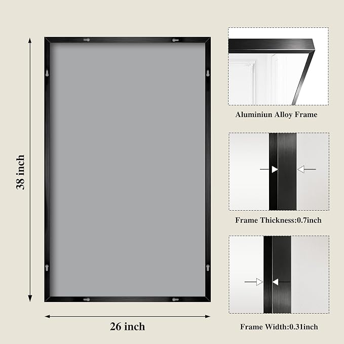 Koonmi Black Mirrors for Wall, 26x38 Inch Bathroom Mirror, Rectangular Wall Mirror for Living Room Bedroom Bathroom, Hangs Horizontally or Vertically