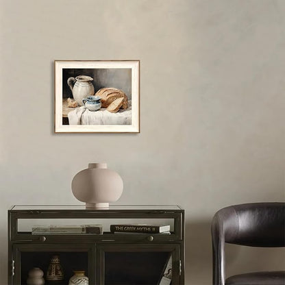 ASTRDECOR Framed Kitchen Wall Art, Modern Muted Still Life Painting Farmhouse Wall Decor, Sourdough Bread Canvas Wall Art Prints, Rustic Jars White Tablecloth Country Wall Decor Living Room-10''x 12''