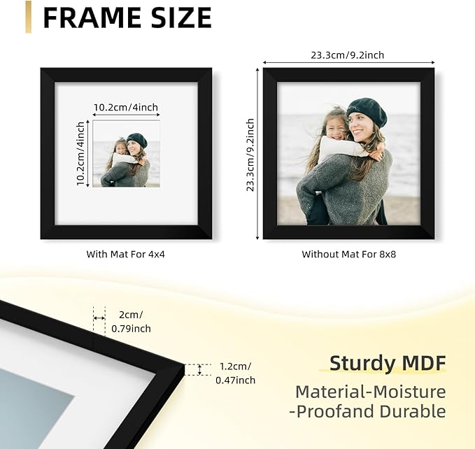 YESKAY 8x8 Picture Frame Set of 9, Photo Gallery Wall Frame Set, Display Pictures 4x4 with Mat or 8 x 8 Without Mat, Square Frame Picture Frames Collage Wall Decor, Black