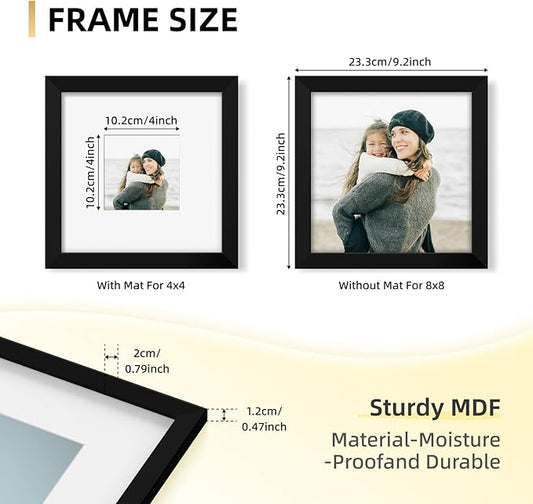 YESKAY 8x8 Picture Frame Set of 9, Photo Gallery Wall Frame Set, Display Pictures 4x4 with Mat or 8 x 8 Without Mat, Square Frame Picture Frames Collage Wall Decor, Black