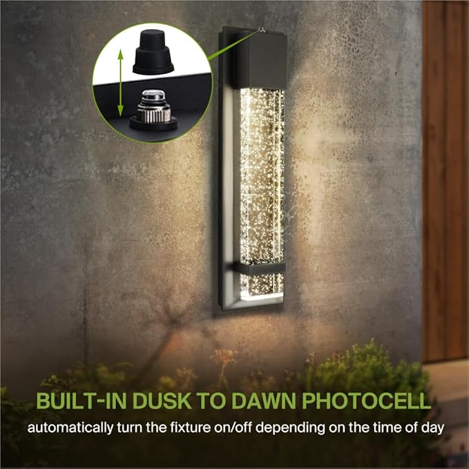 ASD LED 18" Bubble Glass Wall Light Fixture, Outdoor Dusk to Dawn Sconce | 3CCT, Waterproof, Photocell, ETL Listed | 12W 500LM 3000-5000K 120V | Exterior Lantern, Porch Lighting | Black